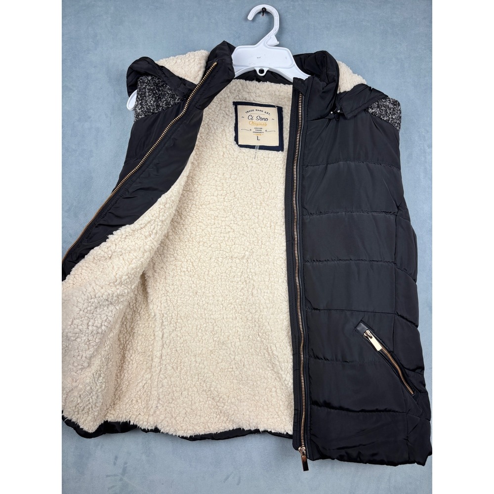 Ci Sono Original Black Puffer Vest Faux Fur Lined Hooded Sleeveless Jacket Large
